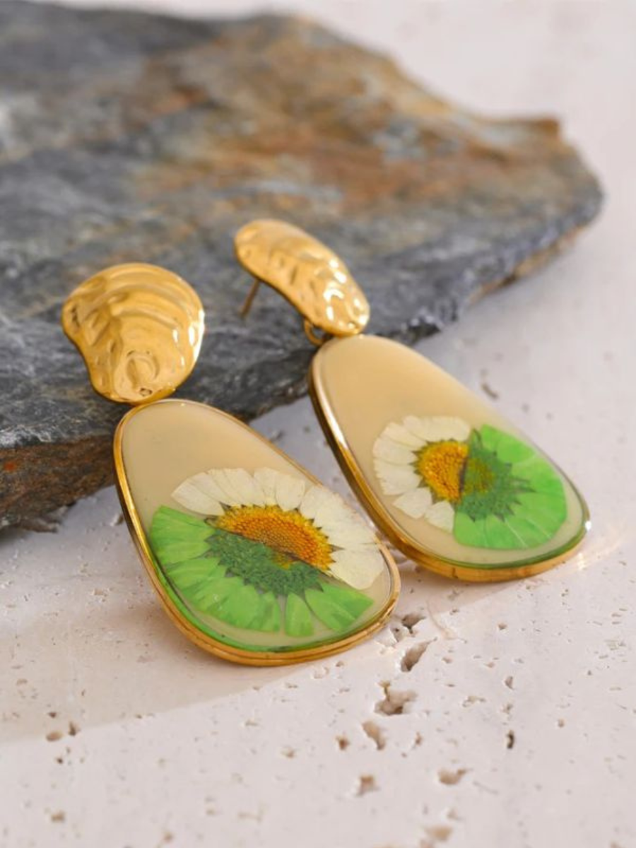 Boucle d’Oreille Fleur Marguerite - doré & vert