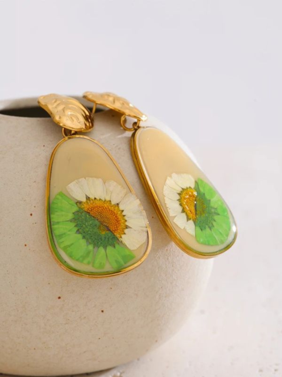 Boucle d’Oreille Fleur Marguerite - doré & vert